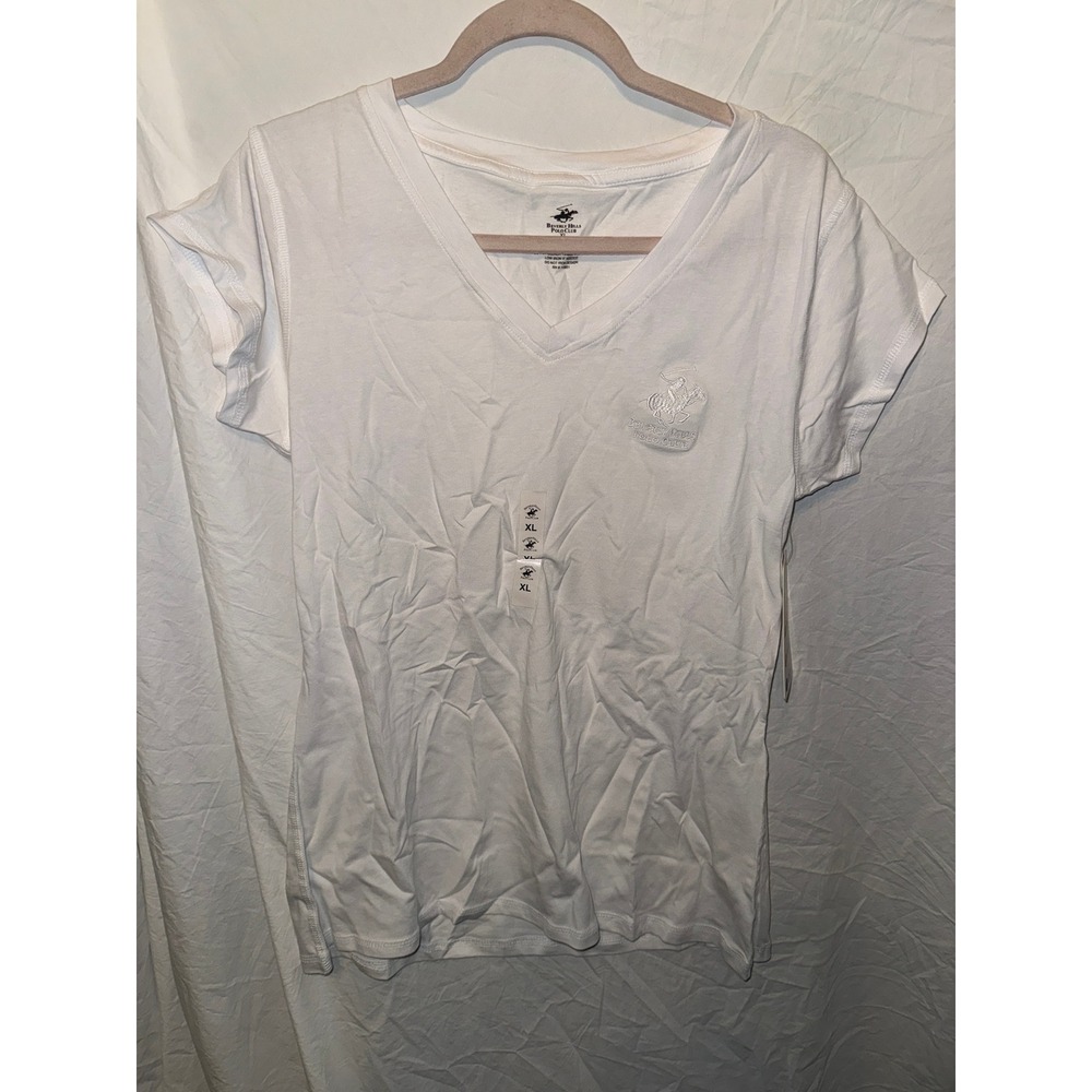 Beverly Hills Polo Club Womens White V-Neck T-Shirt XL Embroidered Logo NWT‎